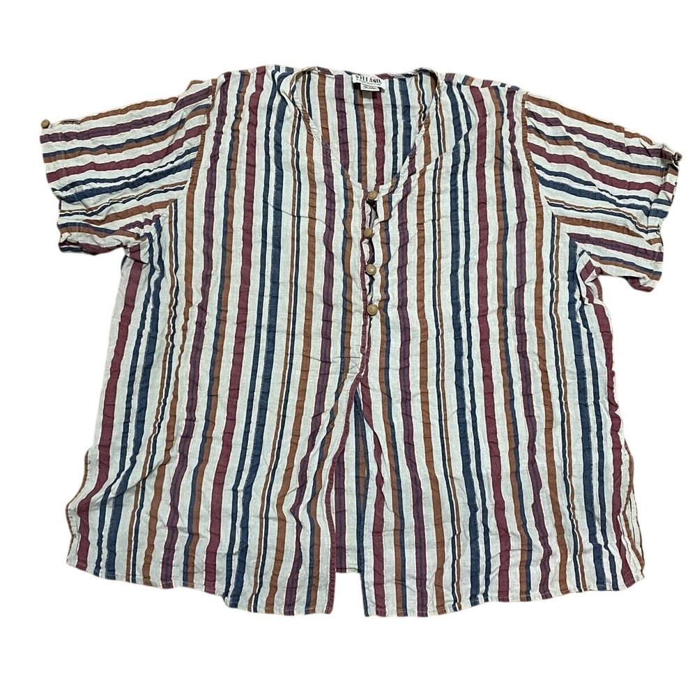 Stefano International Women's 26/28 Striped Button‎ Up Short Sleeve Blouse Top